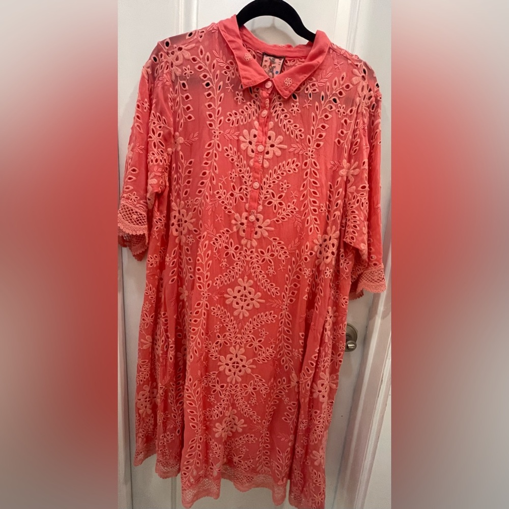 Johnny Was Vibrant Coral Embroidered Dress